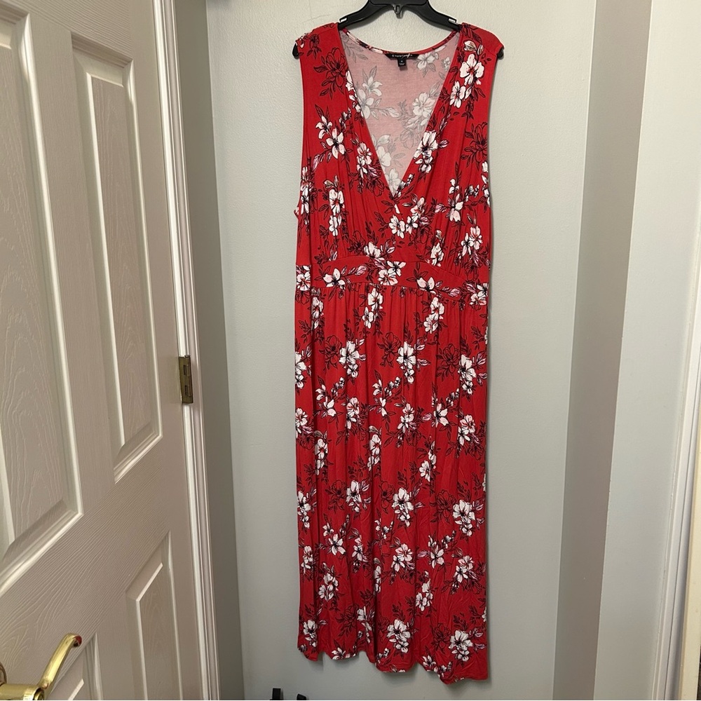 41 Hawthorn Women's Adelina Maxi Red Floral Stretchy V-Neck Dress Sz 3X EUC Plus